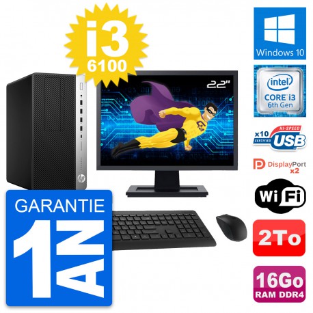 PC Tour HP 600 G3 MT Ecran 22" Intel i3-6100 RAM 16Go Disque 2To Windows 10 Wifi