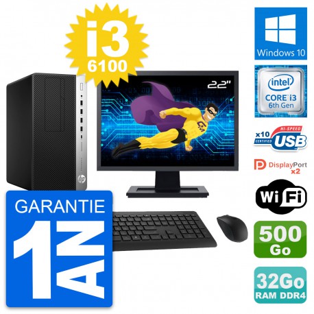 PC Tour HP 600 G3 Ecran 22" Intel i3-6100 RAM 32Go Disque 500Go Windows 10 Wifi