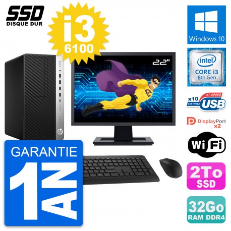 PC Tour HP ProDesk 600 G3 MT Ecran 22" i3-6100 RAM 32Go SSD 2To Windows 10 Wifi