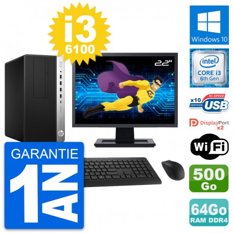 PC Tour HP 600 G3 Ecran 22" Intel i3-6100 RAM 64Go Disque 500Go Windows 10 Wifi