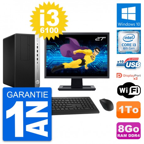 PC Tour HP ProDesk 600 G3 Ecran 27" i3-6100 RAM 8Go Disque 1To Windows 10 Wifi