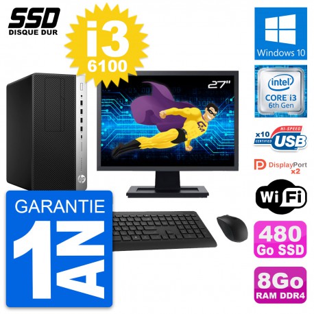 PC Tour HP ProDesk 600 G3 MT Ecran 27" i3-6100 RAM 8Go SSD 480Go Windows 10 Wifi