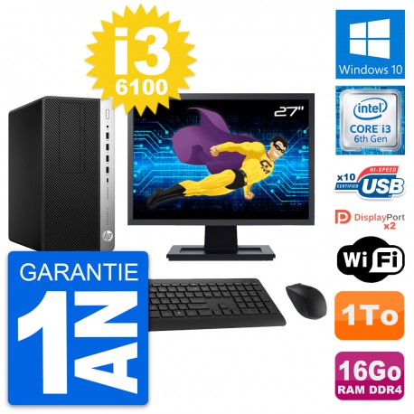 PC Tour HP 600 G3 MT Ecran 27" Core i3-6100 RAM 16Go Disque 1To Windows 10 Wifi