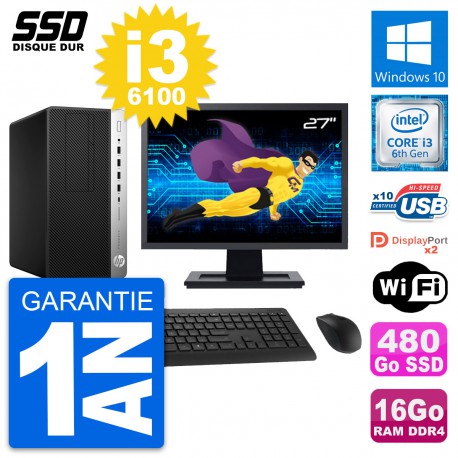 PC Tour HP ProDesk 600 G3 Ecran 27" i3-6100 RAM 16Go SSD 480Go Windows 10 Wifi