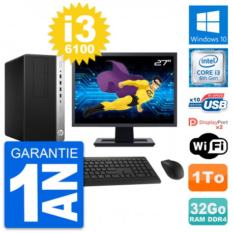 PC Tour HP 600 G3 MT Ecran 27" Core i3-6100 RAM 32Go Disque 1To Windows 10 Wifi