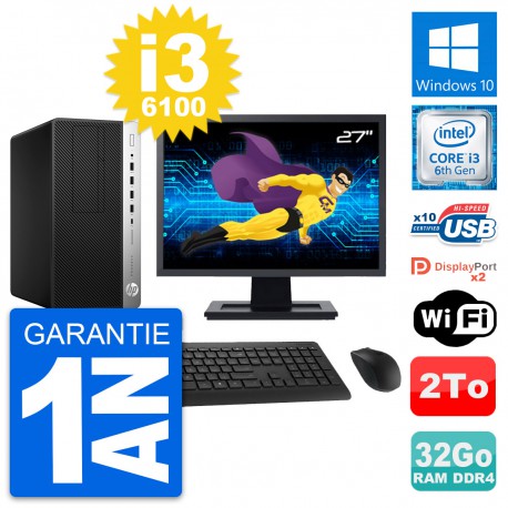 PC Tour HP 600 G3 MT Ecran 27" Core i3-6100 RAM 32Go Disque 2To Windows 10 Wifi