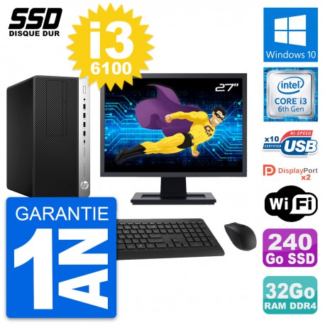 PC Tour HP ProDesk 600 G3 Ecran 27" i3-6100 RAM 32Go SSD 240Go Windows 10 Wifi