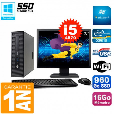 PC HP EliteDesk 800 G1 SFF Ecran 27" Core I5-4570 16Go Disque 960 Go SSD Wifi W7