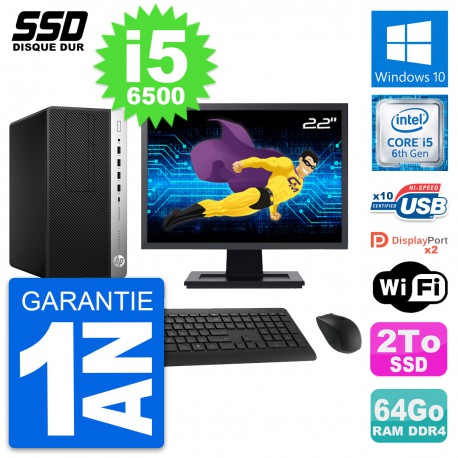 PC Tour HP ProDesk 600 G3 MT Ecran 22" i5-6500 RAM 64Go SSD 2To Windows 10 Wifi