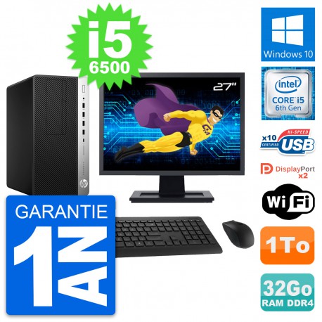 PC Tour HP 600 G3 MT Ecran 27" Core i5-6500 RAM 32Go Disque 1To Windows 10 Wifi