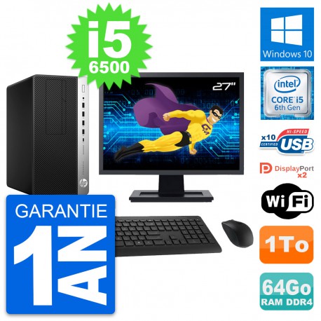 PC Tour HP 600 G3 MT Ecran 27" Core i5-6500 RAM 64Go Disque 1To Windows 10 Wifi