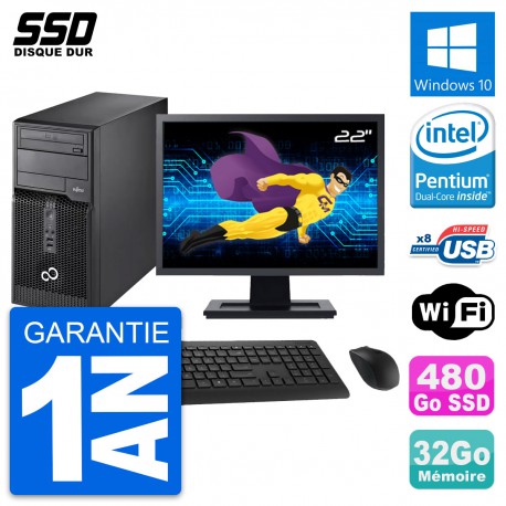 PC Tour Fujitsu P510 Ecran 22" Pentium G2020 RAM 32Go SSD 480Go Windows 10 Wifi
