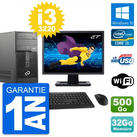 PC Tour Fujitsu P510 MT Ecran 27" i3-3220 RAM 32Go Disque 500Go Windows 10 Wifi