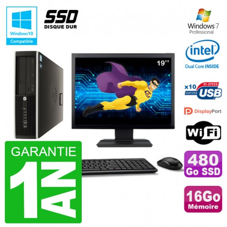 PC HP Compaq 8100 SFF Ecran 19" G6950 RAM 16Go SSD 480Go Graveur DVD Wifi W7