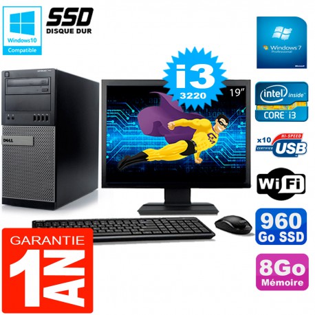 PC Tour DELL 7010 Ecran 19" Core I3-3220 RAM 8Go Disque 960 Go SSD Wifi W7