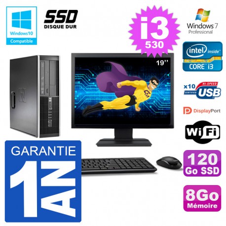 PC HP Compaq 8100 SFF Ecran 19" i3-530 RAM 8Go SSD 120Go Graveur DVD Wifi W7