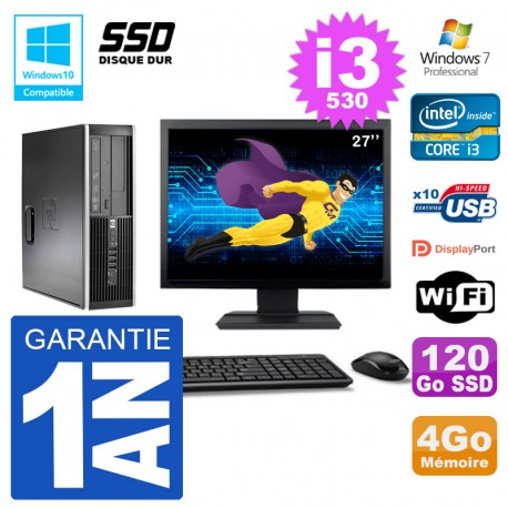 PC HP Compaq 8100 SFF Ecran 27" i3-530 RAM 4Go SSD 120Go Graveur DVD Wifi W7