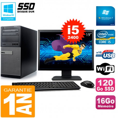 PC Tour DELL 7010 Ecran 19" Core I5-2400 RAM 16Go Disque 120 Go SSD Wifi W7