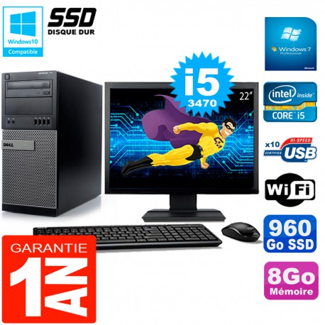 PC Tour DELL 7010 Ecran 22" Core I5-3470 RAM 8Go Disque 960 Go SSD Wifi W7