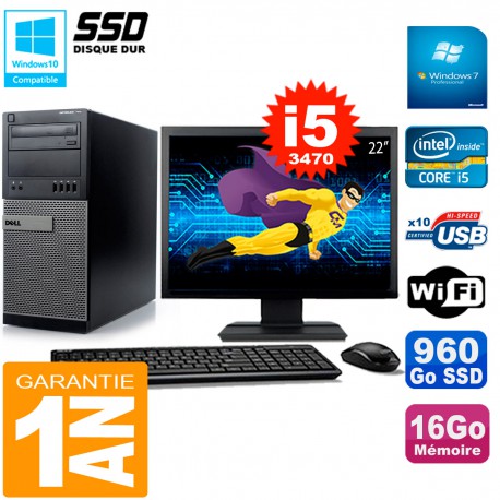 PC Tour DELL 7010 Ecran 22" Core I5-3470 RAM 16Go Disque 960 Go SSD Wifi W7
