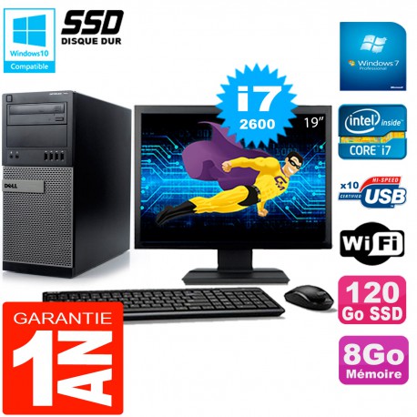 PC Tour DELL 7010 Ecran 19" Core I7-2600 RAM 8Go Disque 120 Go SSD Wifi W7