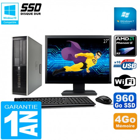 PC HP Compaq 6005 Pro SFF Ecran 27" AMD Phenom II RAM 4Go 960 Go SSD Wifi W7