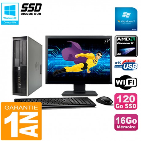 PC HP Compaq 6005 Pro SFF Ecran 27" AMD Phenom II RAM 16Go 120 Go SSD Wifi W7