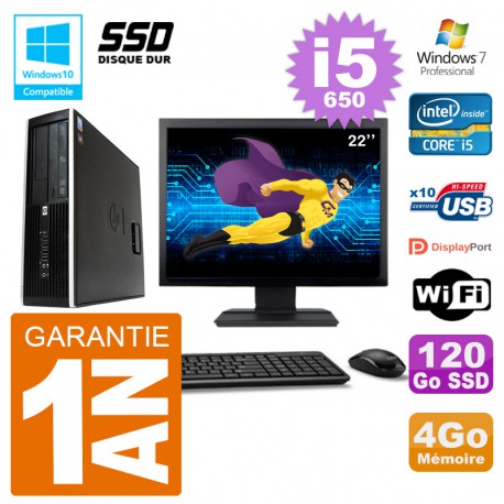 PC HP Compaq 8100 SFF Ecran 22" i5-650 RAM 4Go SSD 120Go Graveur DVD Wifi W7