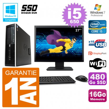 PC HP Compaq 8100 SFF Ecran 27" i5-650 RAM 16Go SSD 480Go Graveur DVD Wifi W7