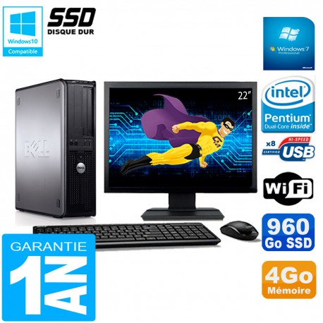 PC DELL Optiplex 780 DT Ecran 22" Intel E5300 RAM 4Go 960 Go SSD Wifi W7