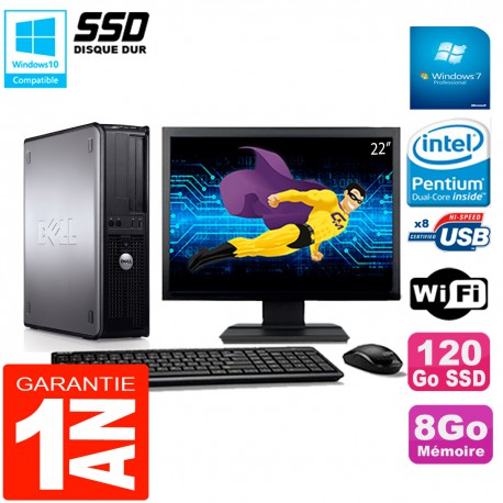 PC DELL Optiplex 780 DT Ecran 22" Intel E5300 RAM 8Go 120 Go SSD Wifi W7