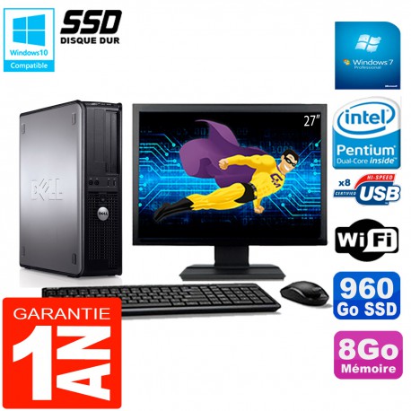 PC DELL Optiplex 780 DT Ecran 27" Intel E5300 RAM 8Go 960 Go SSD Wifi W7