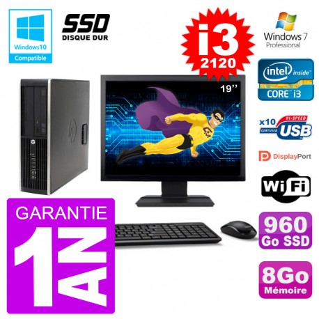 PC HP 6200 SFF Ecran 19" Intel i3-2120 RAM 8Go SSD 960Go Graveur DVD Wifi W7