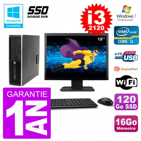 PC HP 6200 SFF Ecran 19" Intel i3-2120 RAM 16Go SSD 120Go Graveur DVD Wifi W7
