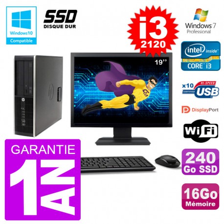 PC HP 6200 SFF Ecran 19" Intel i3-2120 RAM 16Go SSD 240Go Graveur DVD Wifi W7