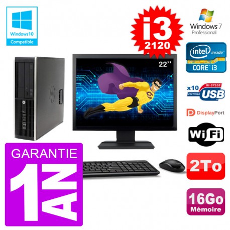 PC HP 6200 SFF Ecran 22" Intel i3-2120 RAM 16Go Disque 2To Graveur DVD Wifi W7