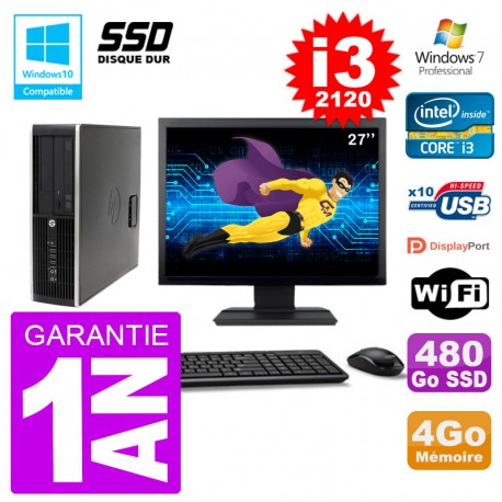 PC HP 6200 SFF Ecran 27" Intel i3-2120 RAM 4Go SSD 480Go Graveur DVD Wifi W7