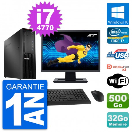 PC Lenovo P300 SFF Ecran 27" Intel i7-4770 RAM 32Go Disque 500Go Windows 10 Wifi