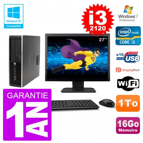 PC HP 6200 SFF Ecran 27" Intel i3-2120 RAM 16Go Disque 1To Graveur DVD Wifi W7