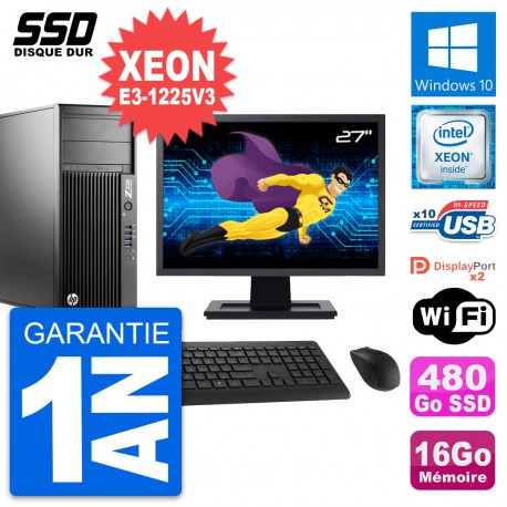 PC Tour HP Z230 Ecran 27" Intel E3-1225 V3 RAM 16Go SSD 480Go Windows 10 Wifi