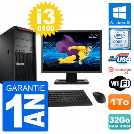 PC Tour Lenovo P320 Ecran 22" Intel i3-6100 RAM 32Go Disque 1To Windows 10 Wifi