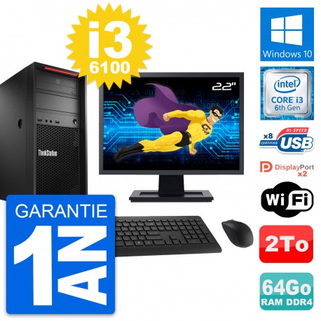 PC Tour Lenovo P320 Ecran 22" Intel i3-6100 RAM 64Go Disque 2To Windows 10 Wifi
