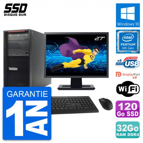 PC Tour Lenovo P310 MT Ecran 27" Intel G4400 RAM 32Go SSD 120Go Windows 10 Wifi