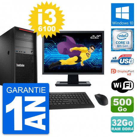 PC Tour Lenovo P310 Ecran 22" Core i3-6100 RAM 32Go Disque 500Go Windows 10 Wifi