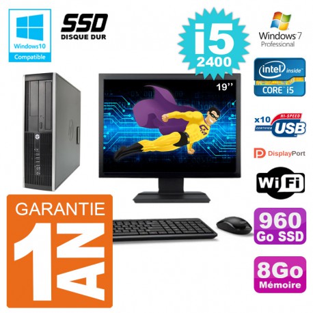 PC HP 6200 SFF Ecran 19" Intel i5-2400 RAM 8Go SSD 960Go Graveur DVD Wifi W7