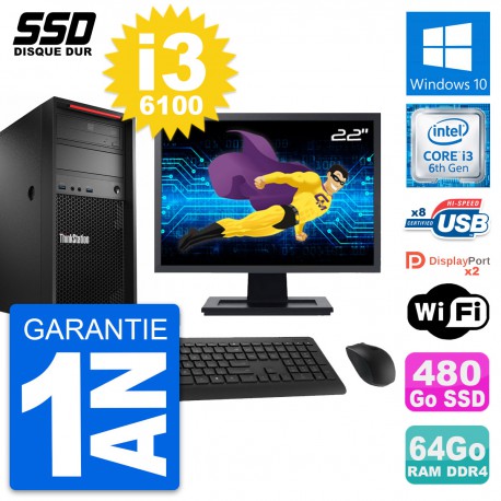 PC Tour Lenovo P310 MT Ecran 22" Core i3-6100 RAM 64Go SSD 480Go Windows 10 Wifi