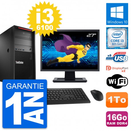 PC Tour Lenovo P310 Ecran 27" Intel i3-6100 RAM 16Go Disque 1To Windows 10 Wifi