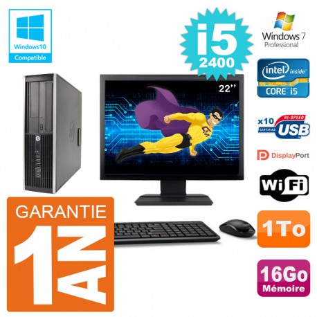 PC HP 6200 SFF Ecran 22" Intel i5-2400 RAM 16Go Disque 1To Graveur DVD Wifi W7