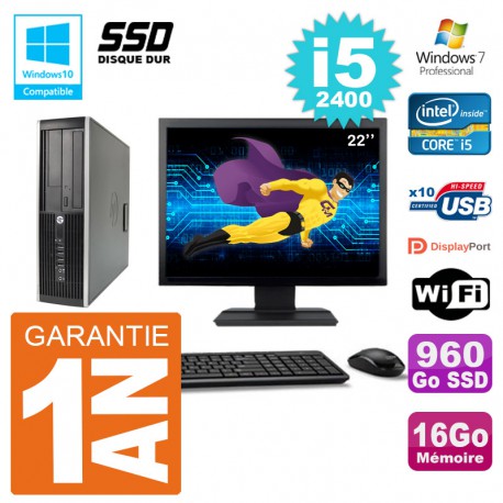 PC HP 6200 SFF Ecran 22" Intel i5-2400 RAM 16Go SSD 960Go Graveur DVD Wifi W7