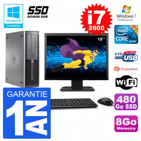 PC HP 6200 SFF Ecran 19" Intel i7-2600 RAM 8Go SSD 480Go Graveur DVD Wifi W7
